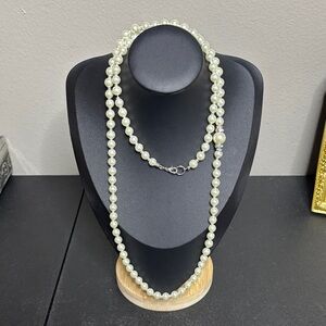 Faux Pearl Long Elegant Necklace Rhinestone Accent